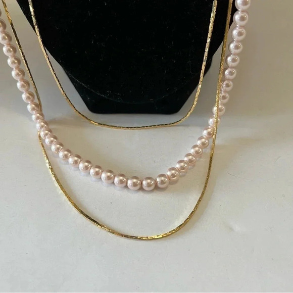 Gold Tone Faux Pearl Multi Strand Chain 3 Layer Long Statement Necklace Jewelry - Picture 2 of 4